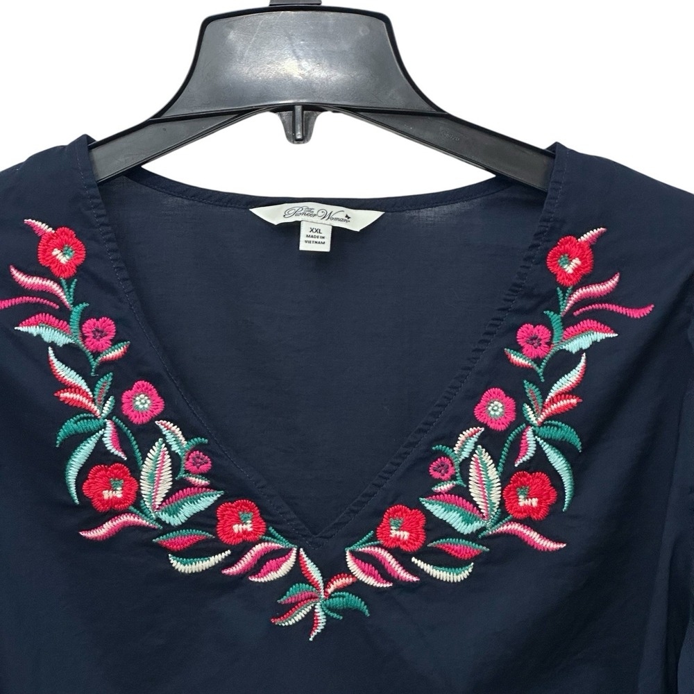 The Pioneer Woman V-Neck Tie Cuff High Low Blouse Women's Size XXL Blue - Picture 2 of 9